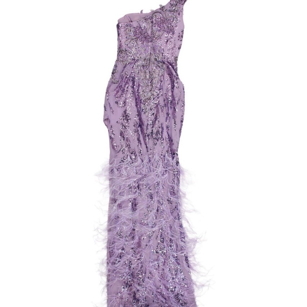 Portia and Scarlett One-Shoulder Lavender Sequin Feather Gown